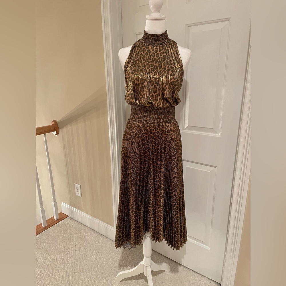 ALC RENZO PLEATED DRESS IN METALLIC LEOPARD
